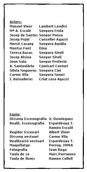 Cuadro de texto: Actors:Manuel Viver	Lambert Laudisi	M� A. Escal�	Senyora FrolaJosep de Santos	Senyor PonzaJosep Pujol	Conseller AgazziMerc� Casany	Senyora Am�liaMontse Font	DinaTeresa Basas	Senyora SireliJosep Alsina	Senyor SireliJoan Sala		Senyor PrefecteA. Santaul�ria	Comisari CenturiSilvia Nogueras	Senyora CiniCarme Vila		Senyora NenniI. Boixaderas	Criat casa AgazziEquip:Disseny Escenografia	X. Dom�nguezRealit. Escenografia	Espardenya T.				Ram�n Escal�Regidor Escenari	Albert ViverDisseny vestuari		Carme VilaRealitzaci� vestuari	Espardenya T.Maquillatge		Perruq. IMMAFotografia			Ivan RagaTaula de so 		Marc ParramonTaula de llums		Ramon Collell
