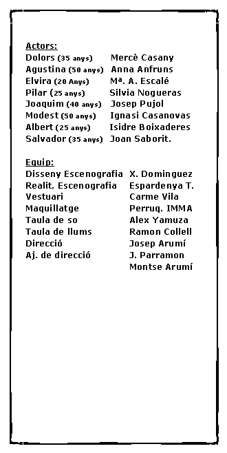 Cuadro de texto: Actors:Dolors (35 anys)        Merc� CasanyAgustina (50 anys)   Anna Anfruns Elvira (20 Anys)         M�. A. Escal�Pilar (25 anys)           Silvia NoguerasJoaquim (40 anys)    Josep PujolModest (50 anys)      Ignasi CasanovasAlbert (25 anys)        Isidre BoixaderesSalvador (35 anys)   Joan Saborit.Equip:Disseny Escenografia	X. DominguezRealit. Escenografia	Espardenya T.Vestuari			Carme VilaMaquillatge		Perruq. IMMATaula de so		Alex YamuzaTaula de llums		Ramon CollellDirecci�			Josep Arum�Aj. de direcci�		J. Parramon				Montse Arum�	